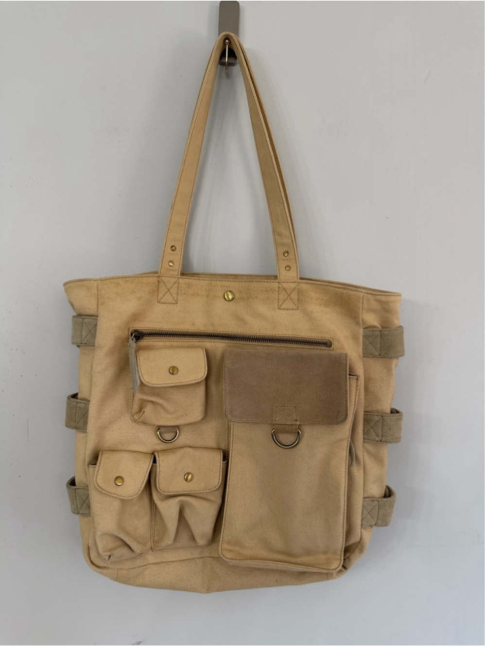 Levenger Fine Leather Tools Khaki Beige Canvas and Leather Shoulder bag unisex